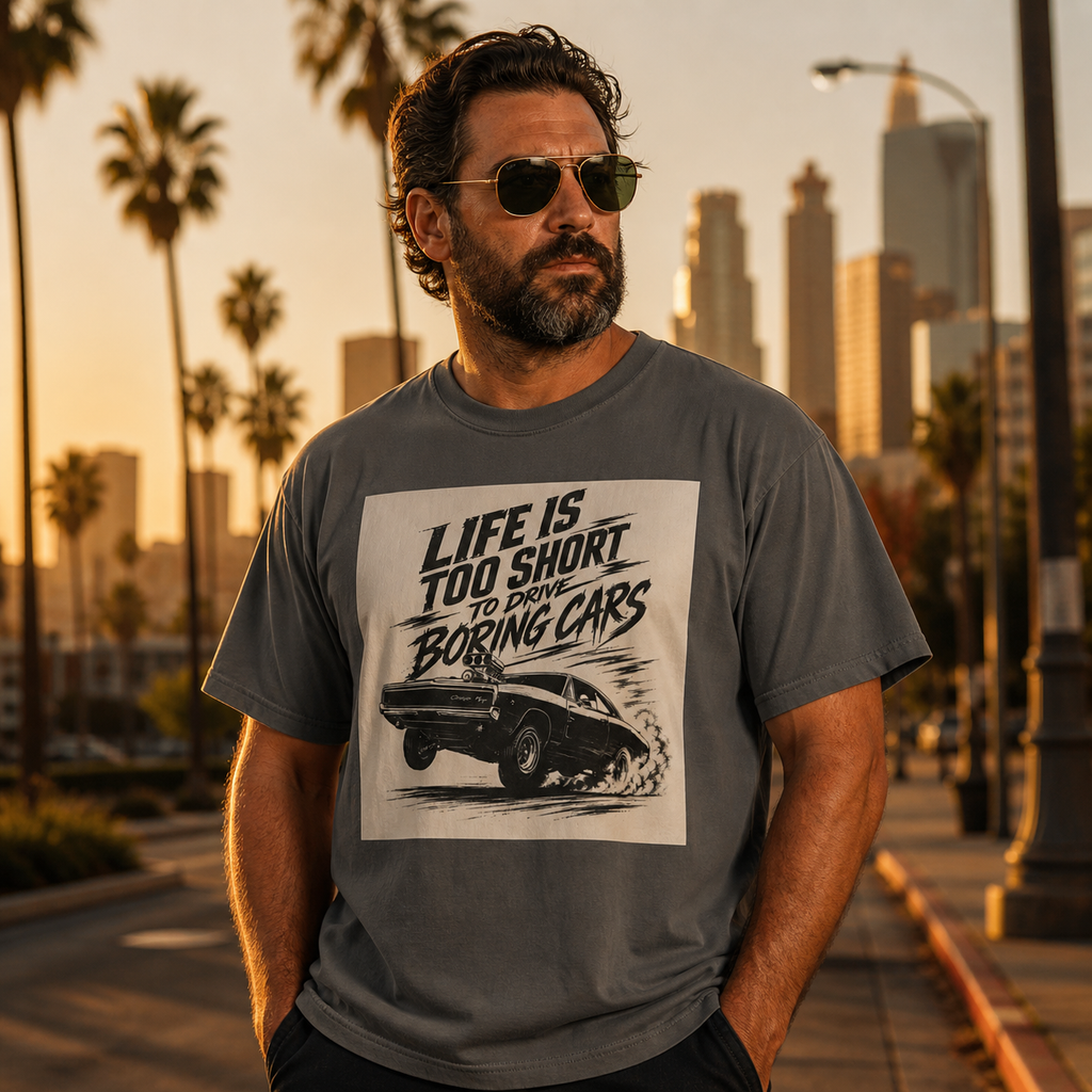 Life Is Too Short to Drive Boring Cars T-Shirt — Vintage Racing Graphic Tee